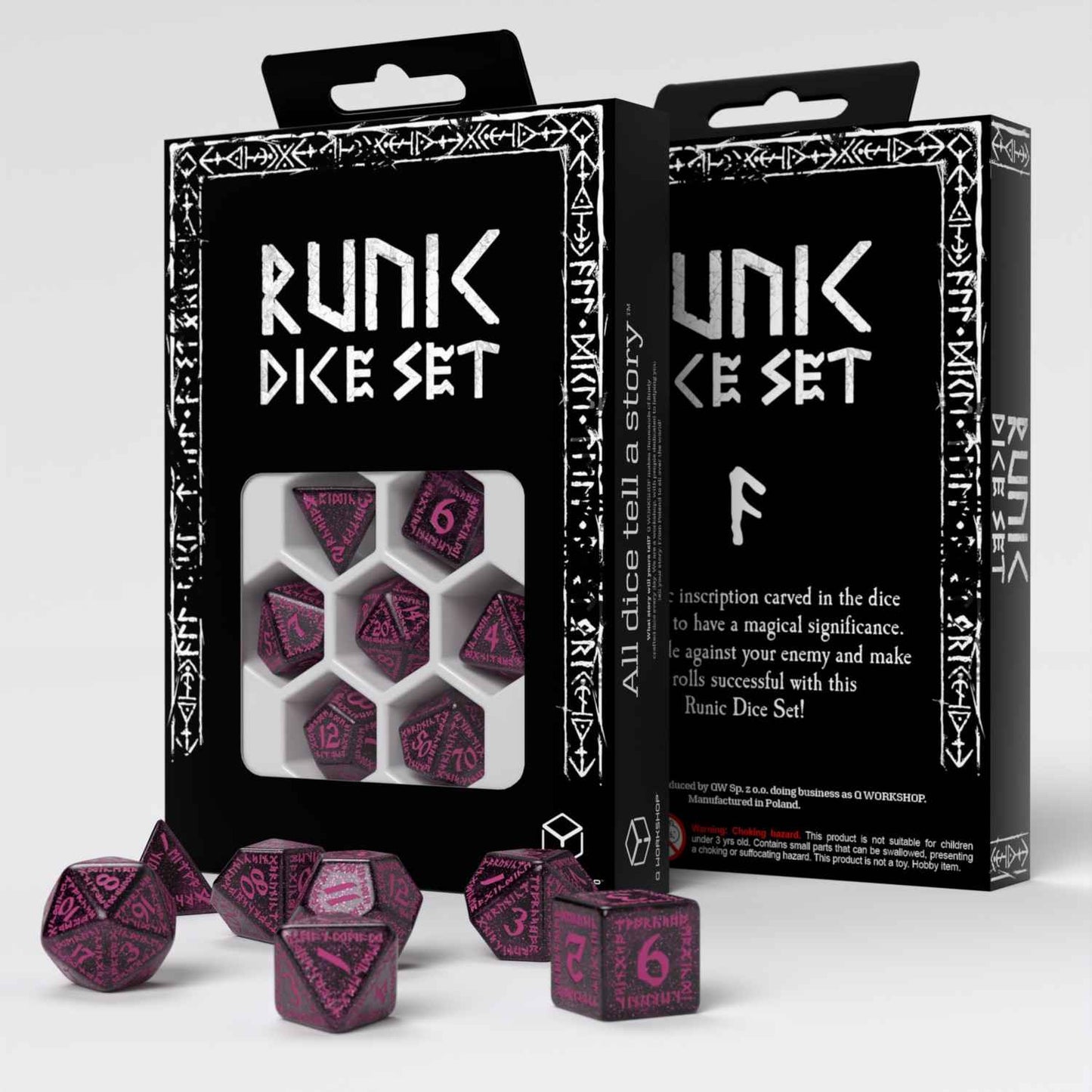 Q- WORKSHOP DICE SET RUNIC BLACK MAGENTA